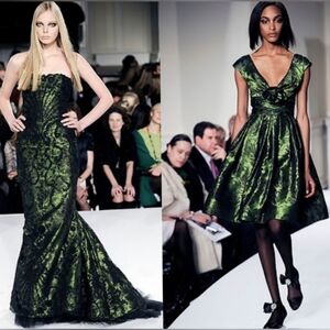 □$6,000 OSCAR DE LA RENTA GREEN  STUNNING WOOL SILK RUNWAY DRESS US 12 L
